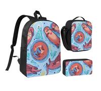 FZGGWYHL Animal Cute Brown Otters Printed Backpack Three-Piece Set - Backpack, Pencil case,Lunch Bag