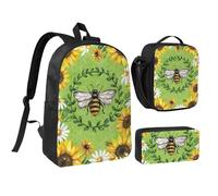 FZGGWYHL bee & Sunflowers Printed Backpack Three-Piece Set - Backpack, Pencil case,Lunch Bag
