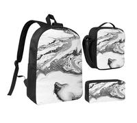 FZGGWYHL Black and White Marble Printed Backpack Three-Piece Set - Backpack, Pencil case,Lunch Bag