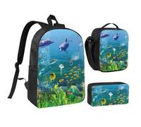 FZGGWYHL Colored Undersea World Printed Backpack Three-Piece Set - Backpack, Pencil case,Lunch Bag
