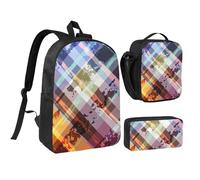 FZGGWYHL Coloured Twill Lattice Printed Backpack Three-Piece Set - Backpack, Pencil case,Lunch Bag
