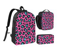 FZGGWYHL Cute Turquoise Leopard Printed Backpack Three-Piece Set - Backpack, Pencil case,Lunch Bag