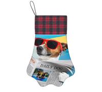 FZGGWYHL Dog with Glasses Reading Newspaper Ocean Beach printed christmas pet pow socking Christmas Tree Decoration