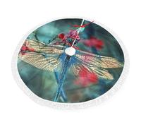 FZGGWYHL Dragonfly On The Flower printed Christmas Tree Skirt Fringe-trimmed Christmas apron