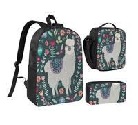 FZGGWYHL Flower Alpaca Printed Backpack Three-Piece Set - Backpack, Pencil case,Lunch Bag