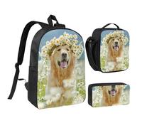 FZGGWYHL Golden Retriever Dog Printed Backpack Three-Piece Set - Backpack, Pencil case,Lunch Bag