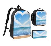 FZGGWYHL Heart Shape Romantic Beach Printed Backpack Three-Piece Set - Backpack, Pencil case,Lunch Bag