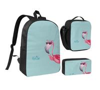 FZGGWYHL Hello Glasses Flamingo Printed Backpack Three-Piece Set - Backpack, Pencil case,Lunch Bag