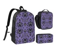 FZGGWYHL Horror Pattern on Purple Background Printed Backpack Three-Piece Set - Backpack, Pencil case,Lunch Bag