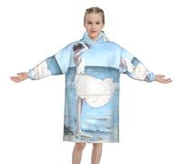FZGGWYHL Lady On A Windy Beach printed Kids Blanket Hoodie Wearable Blanket