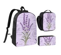 FZGGWYHL Lavender Stamp Printed Backpack Three-Piece Set - Backpack, Pencil case,Lunch Bag