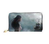 FZGGWYHL Mermaid Lady and Sailing on Sea Pirate Ship Printed Leather Wallet Portable Travel Organiser Neutral Clutch Bag