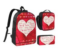 FZGGWYHL Red Hearts Love Printed Backpack Three-Piece Set - Backpack, Pencil case,Lunch Bag