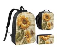 FZGGWYHL Retro Sunflower Printed Backpack Three-Piece Set - Backpack, Pencil case,Lunch Bag
