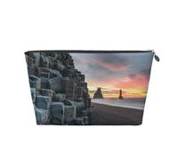 FZGGWYHL Sunrise on Reynisfjara Beach printed Leather Travel Toiletry Bag Zip Cosmetic Bag Travel Organiser