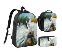 FZGGWYHL White Peacock Printed Backpack Three-Piece Set - Backpack, Pencil case,Lunch Bag