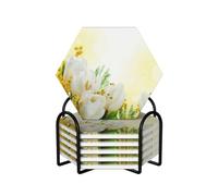 FZGGWYHL White Tulips Flowers printed Ceramic Coaster Set of 6 Decorative Coaster Drinking Coaster