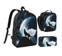 FZGGWYHL Wolf Howling at The Moon Printed Backpack Three-Piece Set - Backpack, Pencil case,Lunch Bag