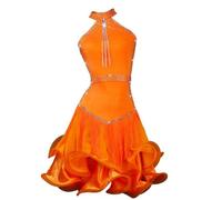FZHQNZJF Ballroom Competition Fishbone Skirt Exquisite Latin Performance Clothes Tassel Salsa Tango Dance Dresses,Orange,S
