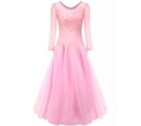 FZHQNZJF Ballroom Dance Waltz Dresses with Rhinestones Tango Foxtrot Performance Costume Long Sleeve Flamenco Dance Skirts,Pink,3XL