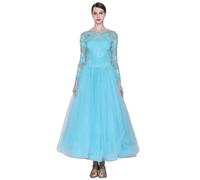 FZHQNZJF Blue,XL, Standard Ballroom Dance Dresses Lace Long Sleeve Waltz Foxtrot Performance Costume Women's National Standard Dress