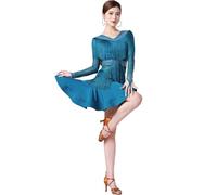 FZHQNZJF Blue,XL, Women's Latin Dance Practice Dress Tassel Tango Cha Cha Performance Skirt Long Sleeve Ballroom Dancing Costume