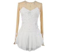 FZHQNZJF Figure Ice Skating Competition Dress Handmade Gymnastics Dance Costumes Hooked Long Sleeve Ballet Practice Skirts,White,12_15Years