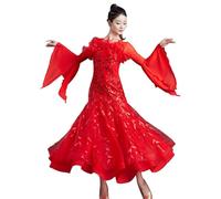FZHQNZJF Flamenco Competition Dress Women's Waltz Performance Dancing Outfit Professional Tango Salsa Training Skirt,Red,XL