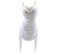 FZHQNZJF Latin Dance Dresses for Competition Backless Ballroom Dance Performance Costume Fringe Tango Cha Cha Dancing Skirt,White,M