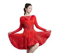FZHQNZJF Latin Dance Dresses for Performance Long Sleeve Tango Cha Cha Practice Dancewear Salsa Costumes with Rhinestones,Red,XXL