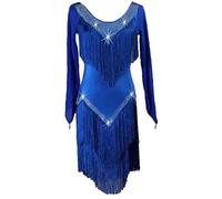 FZHQNZJF Latin Dance Performance Dress Tassel Cha Cha Tango Dancing Costume Long Sleeve Ballroom Competition Dancewear,Blue,XL