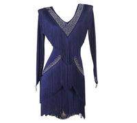 FZHQNZJF Latin Dance Performance Dresses Long Sleeve Salsa Ballroom Skirt Tassel Tango Cha Cha Practice Dance Clothes,Blue,XL