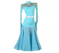 FZHQNZJF Long Sleeve Ballroom Dance Dresses Backless Waltz Performance Costume for Women Elegant Foxtrot Tango Practice Skirt,Blue,XXL