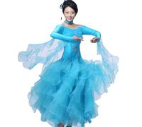 FZHQNZJF Long Sleeve Ballroom Dance Dresses Breathable Standard Performance Dancing Outfit Shiny Flamenco Waltz Dance skirt,Blue,XXL