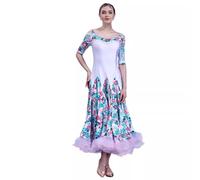 FZHQNZJF Printed Ballroom Dance Dresses for Women Tango Salsa Dance Practice Costume Medium Sleeve Flamenco Waltz Skirt,A,M