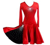 FZHQNZJF Red,L, Latin Dance Performance Dresses Breathable Cha Cha Dancewear with Rhinestone Long Sleeve Tango Salsa Dancing Skirts