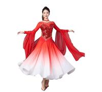 FZHQNZJF Rhinestone Ballroom Dance Dresses Women's Waltz Performance Clothes Tango Flamenco Dancing Competition Outfit,Red,M