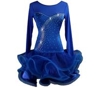 FZHQNZJF Women's Latin Training Dresses Shiny Tango Ballroom Dance Costumes Long Sleeve Salsa Cha Cha Fishbone Skirt,Blue,XXL