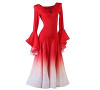 FZHQNZJF Womens' National Standard Competition Dress Gradient Waltz Dance Skirt Long Sleeve Tango Flamenco Training Costumes,F,XXL