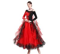 FZHQNZJF Womens' National Standard Competition Dress Waltz Flamenco Dancing Clothing Long Sleeve Ballroom Tango Dance Skirt,B,S