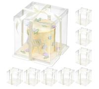 FZJ 8 Pcs Clear Gift Box with Ribbon 3-Layer 10x10x12 Inch, Transparent Cake Carrier Box with Lids, PET Tall Cake Packaging Boxes, Clear Gift Boxes for Birthday,Wedding and Festival Party