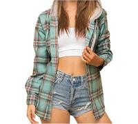 FZKun Hooded Jacket Plus Size Womens Checked Shacket With Hood Boyfriend Long Sleeve Shirt Winter Hoodie (3XL,B-Green)