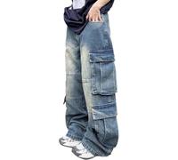 FZKun Men's Baggy Cargo Jeans Straight Wide Leg Loose Cargo Denim Pants Flap Pockets Hip Hop Pants for Teen Boys (Medium,Blue)