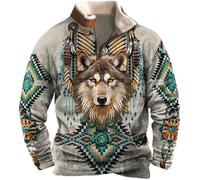 FZKun Men's Native American Indian Sweatshirts Retro Indian Wolf 3D Printed Ethnic Totem 1/4 Zip Jacket Long Sleeve Pullover Sweatshirts (L,# 2)