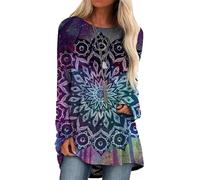 FZKun Women Casual Round Neck T Shirt Mandala 3D Printed Mid Length Long Sleeve Pullover Tee Retro European Pattern Tops (3XL,# 11)