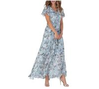 FZKun Women's Chiffon Floral Maxi Dress - Summer Elegant Boho Long Flowy Dresses Ruffle Sleeves V Neck Vacation Beach Outfit Wedding Guest Engagement Cocktail Party (M,Grey Blue)
