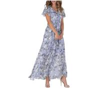 Women's Chiffon Floral Maxi Dress - Summer Elegant Boho Long Flowy Dresses Ruffle Sleeves V Neck Vacation Beach Outfit Wedding Guest Engagement Cocktail Party (XXL,Purple)
