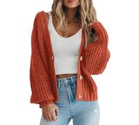 FZKun Women's Chunky Knit Open Front Sweater Long Sleeve Button Loose Short Cardigan Outerwear Coats (Rust Red,L)