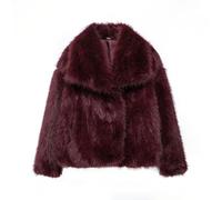 FZKun Women's Cropped Faux Fur Jacket Long Sleeve Button Warm Winter Coats Shaggy Furry Outerwear with Pockets (Burgundy,L)