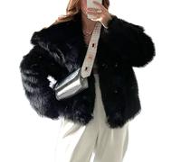 FZKun Women's Cropped Faux Fur Jacket Long Sleeve Button Warm Winter Coats Shaggy Furry Outerwear with Pockets (Black,M)